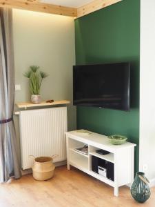 un soggiorno con TV a schermo piatto su una parete verde di Apartament MONTANA a Karpacz