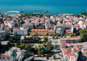 eine Luftansicht einer Stadt mit Gebäuden und dem Meer in der Unterkunft TS Park Hotel in Trabzon