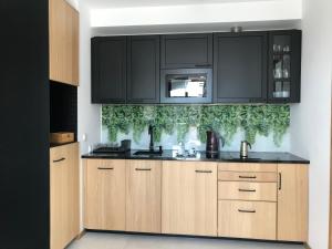 a kitchen with wooden cabinets and black appliances at Stadium Apart Terrace in Warsaw