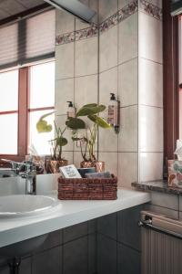 a bathroom with a sink and a mirror at Sommers Hotel Altes Posteck in Reichenbach im Vogtland