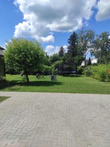 un parque con un árbol y un campo de césped en Atostogų namai, en Druskininkai