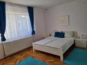 Un dormitorio con una cama con almohadas azules y una ventana en Apartman Nataly, en Varaždin