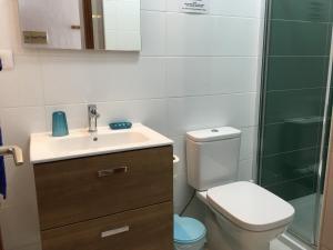 La salle de bains est pourvue de toilettes, d'un lavabo et d'une douche. dans l'établissement Los Morros, à Arrieta