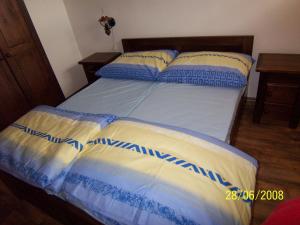 a bedroom with a bed with blue and white sheets at Penzion Silverado in Horní Bečva