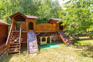 um chalé de madeira com uma escada e um parque infantil em ASTORIA em Solotvyno