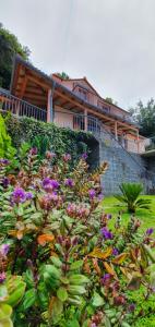 un jardín con flores púrpuras frente a una casa en Fantatic Holiday House, en Ponta Delgada