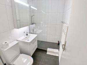 bagno bianco con servizi igienici e lavandino di ARISER - Zug City View 1 Business Apartment a Zugo