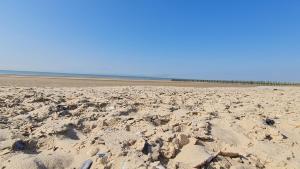 uma praia arenosa com pedras na areia em Ô de mer - à 20m de la plage em Sangatte