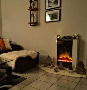 a living room with a fireplace and a couch at Ferienwohnung Grete in Trier