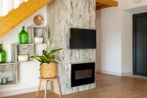 a living room with a fireplace and a tv on a wall at Casa Marmelos - Alojamento Local in Ourém