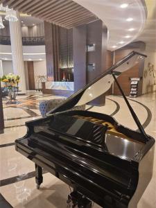 een zwarte piano in een kamer met een lobby bij Van Royal Hotel in Erbil