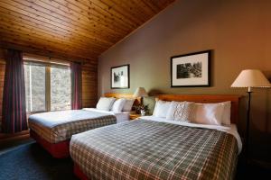 Habitación de hotel con 2 camas y ventana en Miette Mountain Cabins, en Jasper