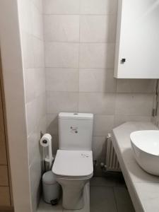 bagno bianco con servizi igienici e lavandino di Luxury Townhouse a Larisa