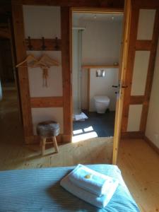 Cette chambre comprend un lit et une salle de bains pourvue de toilettes. dans l'établissement Izerski dom, à Leśna