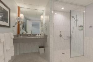 La salle de bains est pourvue d'une douche, d'un lavabo et d'un miroir. dans l'établissement Boston Yacht Haven, à Boston