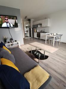 salon z kanapą i telewizorem na ścianie w obiekcie Apartament FILO w mieście Pogórze