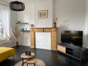 a living room with a fireplace and a television at Au bord de l'Ourthe in La Roche-en-Ardenne