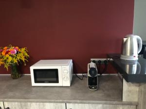 a microwave sitting on top of a counter with a blender at Red Cube Hotel in Kamianets-Podilskyi