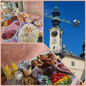 a collage of pictures of different types of donuts and a clock tower at Apartmány Svätá Barborka in Banská Štiavnica