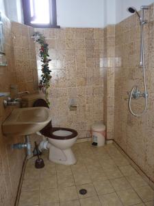 a bathroom with a toilet and a sink and a shower at Guest House Zhelevi in Sozopol