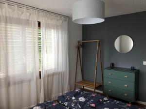 a bedroom with a bed and a mirror and a dresser at Gästezimmer Erlinsbach bei Aarau, zwischen Aare und Jura in Niedererlinsbach