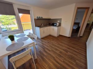 a kitchen and dining room with a table and chairs at Holdudvar Apartman in Gyula