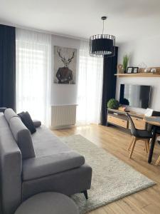 a living room with a couch and a table and a television at Apartament Platinum Park in Stargard