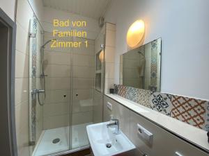 y baño con lavabo, ducha y espejo. en Pension Jeske Heidelberg, en Heidelberg