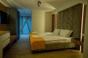 een slaapkamer met een groot bed en een groot raam bij Villa Darki in Ohrid