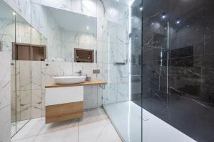 bagno con lavandino e doccia di Abba Apartments a Breslavia