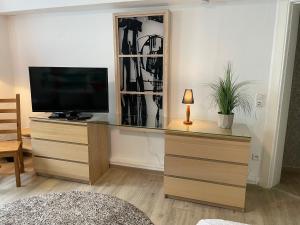 salon z telewizorem na drewnianej komodzie w obiekcie Fiala Home w mieście Neumünster