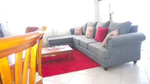 sala de estar con sofá gris y alfombra roja en AVISHAI HOMES, en Kisumu