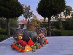 una mesa con calabazas y verduras. en Apartamenty Sielanka, en Olecko