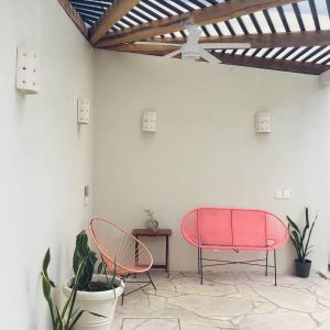 two pink chairs sitting in a room with plants at Bed and Breakfast Pecarí in Cancún