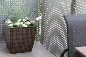 a wicker vase with white flowers on a fence at Apartaments Centre Figueres in Figueres