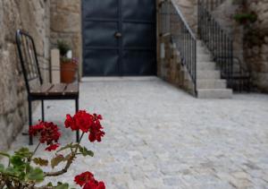 een bank en rode bloemen voor een deur bij Casa Moiano in Oliveira do Hospital