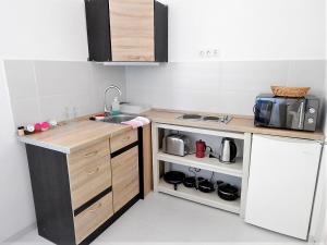 a small kitchen with a sink and a counter at Bogácsa Apartman in Bogács