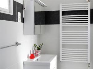 a bathroom with a white sink and a mirror at Bogácsa Apartman in Bogács