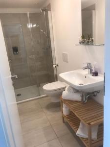 uma casa de banho com um chuveiro, um lavatório e um WC. em Metropol Apartments & Suites em Tübingen