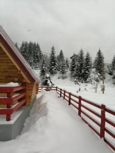 uma cabana de madeira na neve com uma cerca em Brvnara Orfej em Gornje Pale