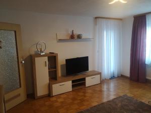 a living room with a flat screen tv on a stand at Ferien am Wald in Baiersbronn