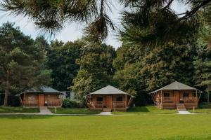 dwa domki w parku z drzewami w tle w obiekcie Glamping lodge with Eco-Wellness w mieście Zeewolde