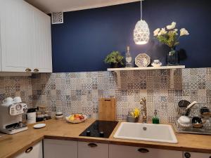 uma cozinha com um lavatório e uma parede azul em Apartament Przy Parku em Nałęczów