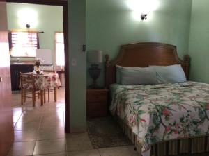 um quarto com uma cama e uma mesa num quarto em Antigua Seaview em São João