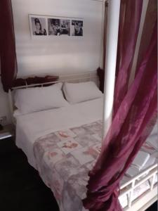 um quarto com uma cama com cortinas roxas em Romeo and Juliet Apartaments em Bérgamo