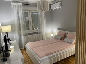 een slaapkamer met een groot bed en een raam bij Apartmani Sombor in Sombor