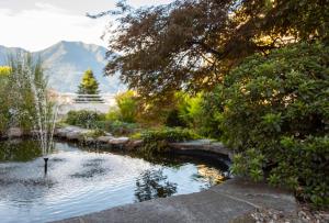 um lago num jardim com montanhas ao fundo em Smart-HOTEL MINUSIO, a Benvenuti Hotel em Locarno