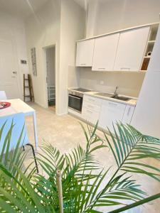 a kitchen with white cabinets and a plant in the foreground at B&B Guest House Du Lac in Montreux