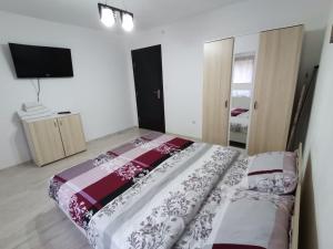 um quarto com uma cama e uma televisão em Mario Apartament regim hotelier em Reşiţa