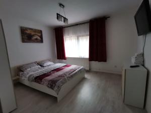 um quarto com uma cama e uma janela em Mario Apartament regim hotelier em Reşiţa